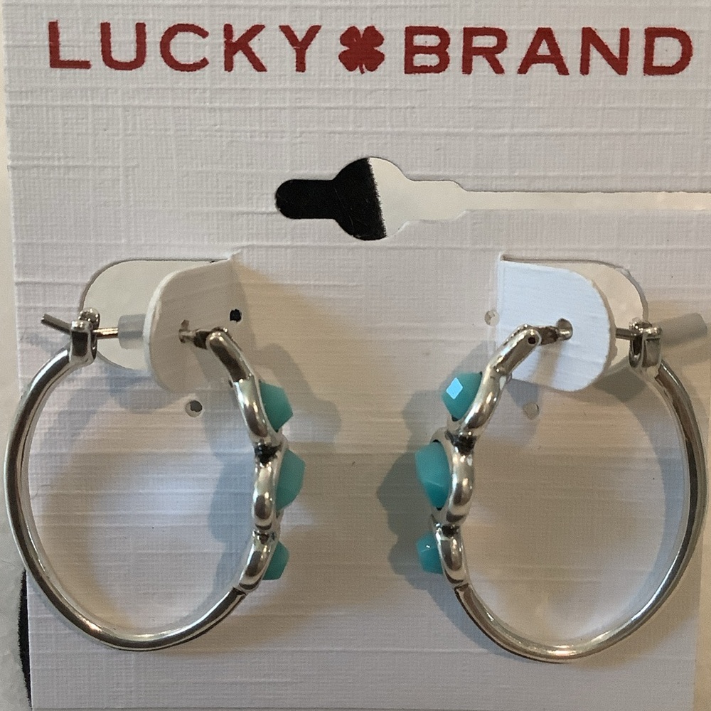 Lucky Brand Silver Hoops with Turquoise Bead Accents, Brand New